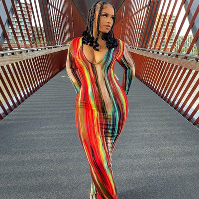 Long Sleeve Dress  Tie Dye Print Maxi Dress Stripe  V-Neck