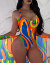 Multi-Color Abstract U-Neck Sleeveless Skinny One Piece  Swimsuit with Cover Up