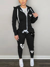 Sporty Long Sleeve Zipper Design Top Hooded Collar Broken Heart