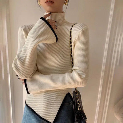 Turtleneck Side Slit Pullover Contrasting Colors