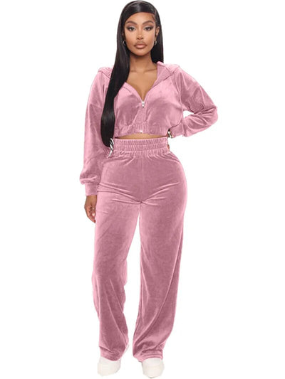 Velvet Tracksuit  Two Piece Set Zipper Hoodies Crop Top and Pants Sets