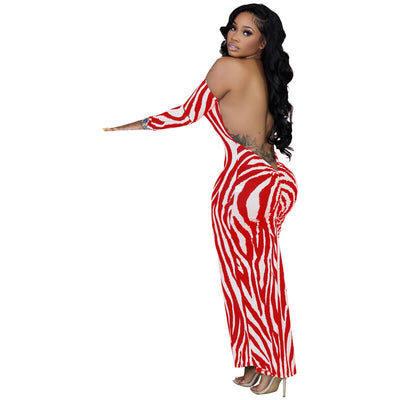 Stripe Printing Off Shoulder Maxi Dresses Backless Long Sleve