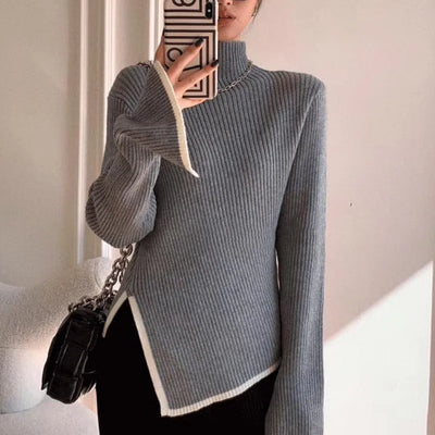 Turtleneck Side Slit Pullover Contrasting Colors