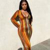 Long Sleeve Dress  Tie Dye Print Maxi Dress Stripe  V-Neck