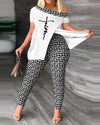 2 Piece Set  Casual Printed Skew Collar Slit Hem Long T Shirt Top Jogger Pant Suit