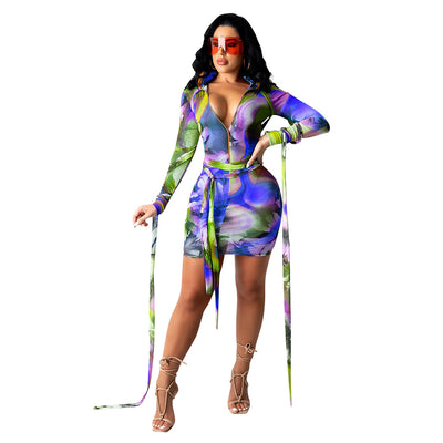 Mesh See-Through Printed Dress With Bandage