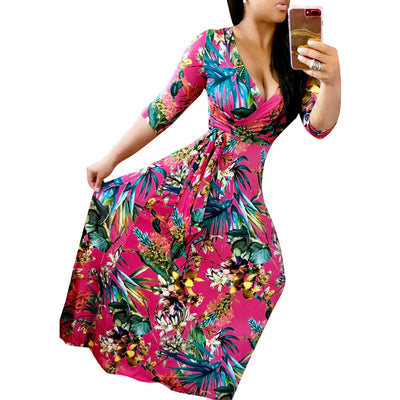 V-neck beautiful print  long dress