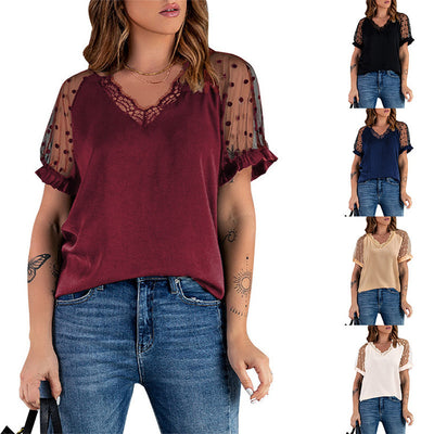 Lace Short-sleeved V-neck Pullover T-shirt