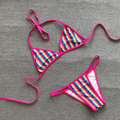 Three-piece rainbow striped bikini suit