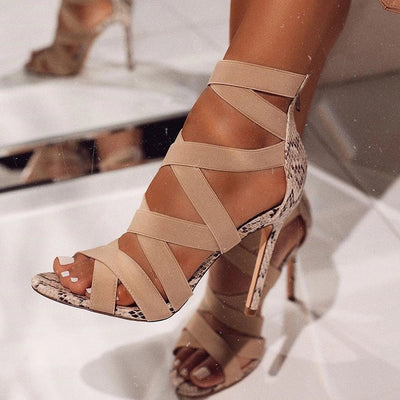 High heels with cross ties snake pattern thin  Sandals