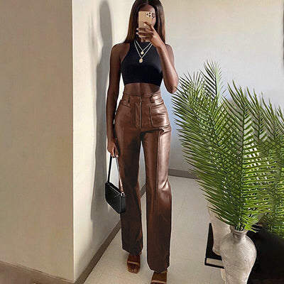 Two-pocket sslim PU leather pants