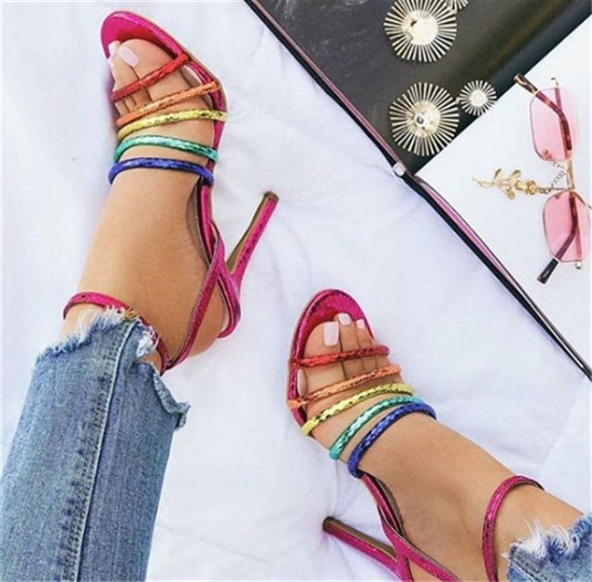 Colorful Strap Stiletto High Heel Roman Sandals