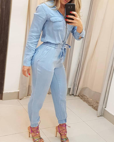 Blue Zipper Jumpsuit Trousers