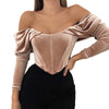 Explosive Fall And Winter Velvet Off-Shoulder Collar Pleated Long-Sleeved Top T-Shirt Women