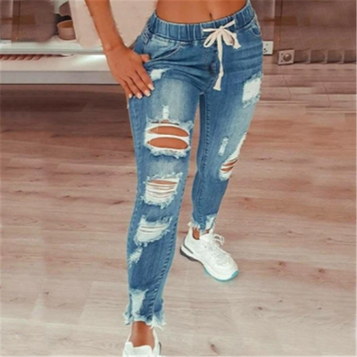 High-waist Lace-up Slim-fit Stretch-leg  Ripped Denim Trousers