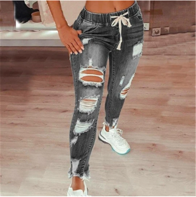 High-waist Lace-up Slim-fit Stretch-leg  Ripped Denim Trousers