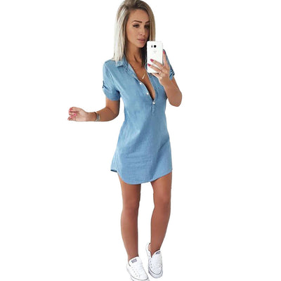 Ladies Fashion Slim Lapel Denim Dress