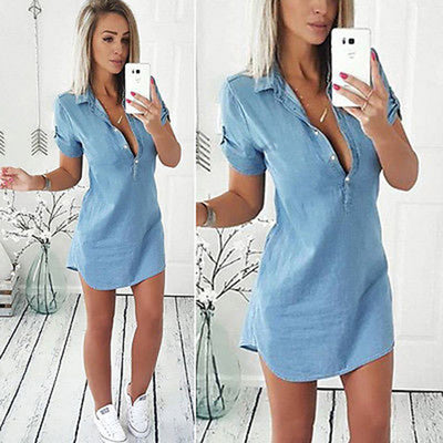 Ladies Fashion Slim Lapel Denim Dress