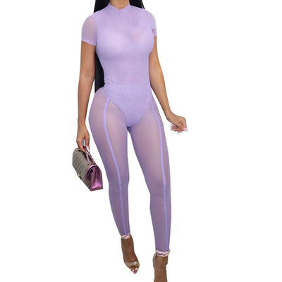 New Solid Color Stitching Short-sleeved One-piece See-through Slim-fit Trousers And Mesh Suit