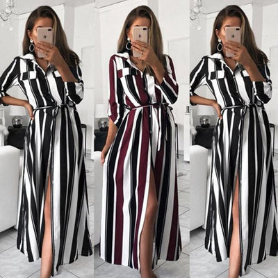 Striped Tie Belt Long Shirt