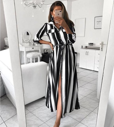 Striped Tie Belt Long Shirt