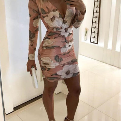 V-neck Printed Long-sleeved Dress Women