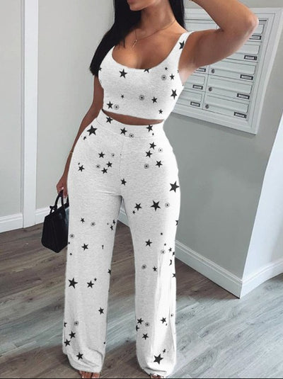 Vest Trousers Casual Sports Star Print Suit