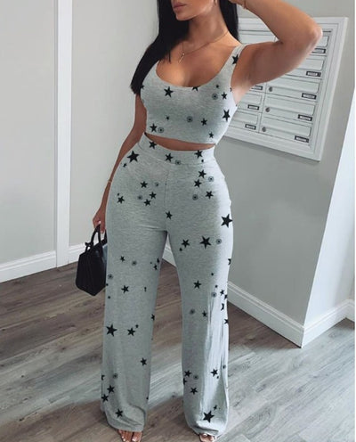 Vest Trousers Casual Sports Star Print Suit