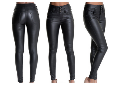 high waist 3 button Slim leather pants