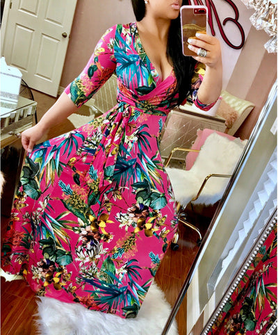 V-neck beautiful print  long dress