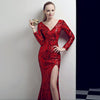 Deep V long sleeve split  sequin evening dress