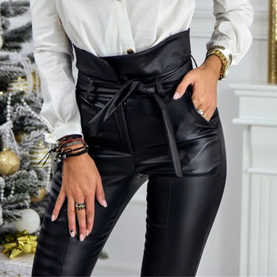 High waist pencil pants PU leather belt trousers