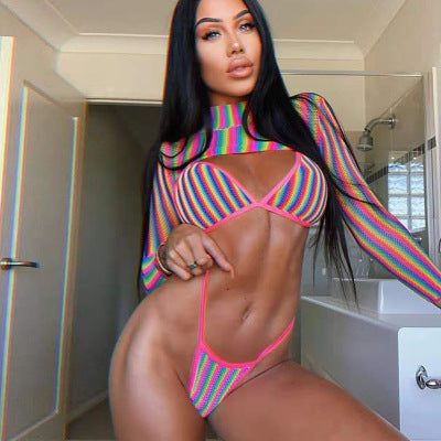 Three-piece rainbow striped bikini suit