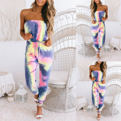 Tie Dye Print Wrap Bust Casual Jumpsuit