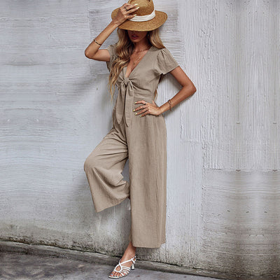 Nine-point Cotton And Linen Wide-leg Jumpsuit