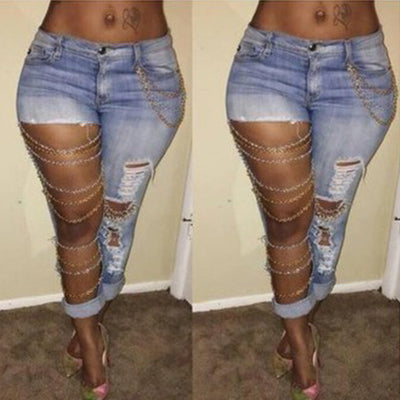 exaggerated casual chain jeans with holes