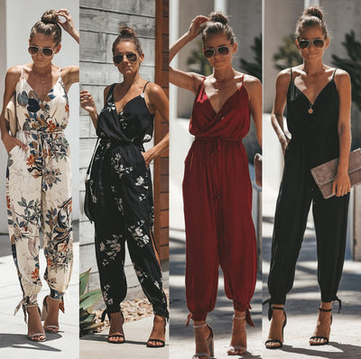 Printed sexy backless tether pocket sling V-neck female jumpsuit