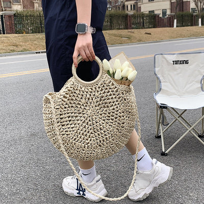 Straw Beach Shoulder Circle Rattan Bags  Woven Totes