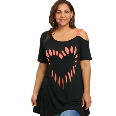 Heart-shaped Print  Shoulder Sling  Loose T-shirt