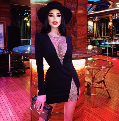 Net Diamond Long-sleeved Bandage Dress