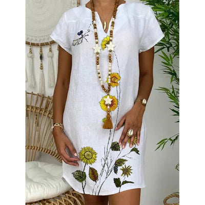 V-Neck Cotton And Linen Printed Short-Sleeved Pullover Loose Dress