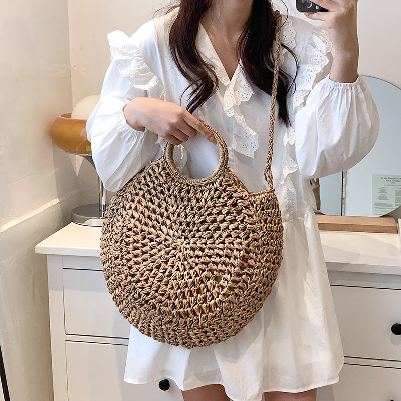 Straw Beach Shoulder Circle Rattan Bags  Woven Totes