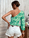 Women's Summer Mandala Print One Shoulder Balloon Sleeve Shirt