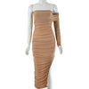 Pleated new mesh single-sleeve slanted shoulder dress