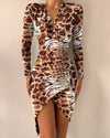 Long Sleeve V Neck Printed Tight Split Dress