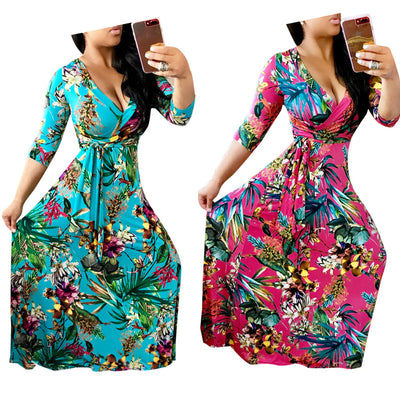 V-neck beautiful print  long dress