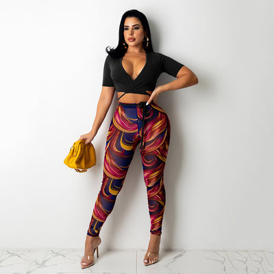 Mesh Printed Trousers Women Two-Piece Suit