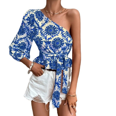 Women's Summer Mandala Print One Shoulder Balloon Sleeve Shirt