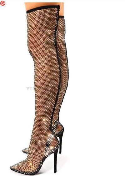 Rhinestone Mesh Pointed toe Sandals Ankle Boots Stiletto High Heels