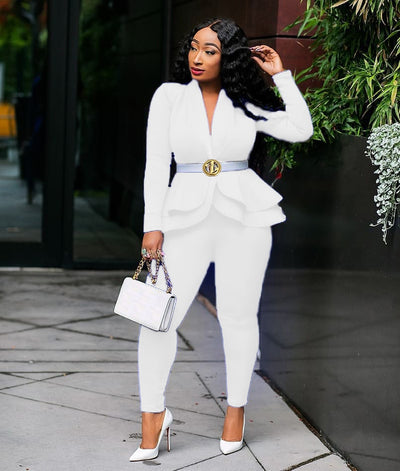 Full Sleeve Ruffles Blazers Pencil Pants Suit